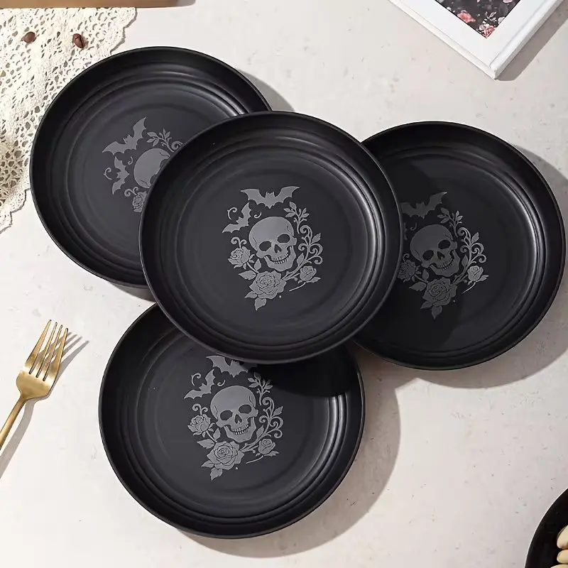 6/8pcs Gothic Skull and Rose Plastic Plates, Reusable Matte Black Dessert & Salad Plates, Lightweight Day of the Dead Halloween Dinnerware Set for Fruit, Snacks, Pasta