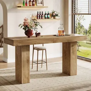 70.9" Long Bar Table, Counter Height Pub Table with Sturdy Pedestal Base, Modern Rustic Rectangular Bar Height Table for Home Bar, Dining Room, Bistro, Light Brown