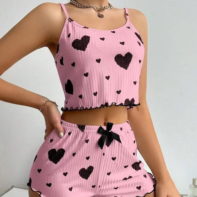 Casual Pajama Set with Cherry Heart Print Spaghetti Top Ruffled Hem Shorts Soft Polyester Spandex Blend 95 5 180g m² All Season Loungewear Perfect Valentine's Day Gift Women's Everyday Wear