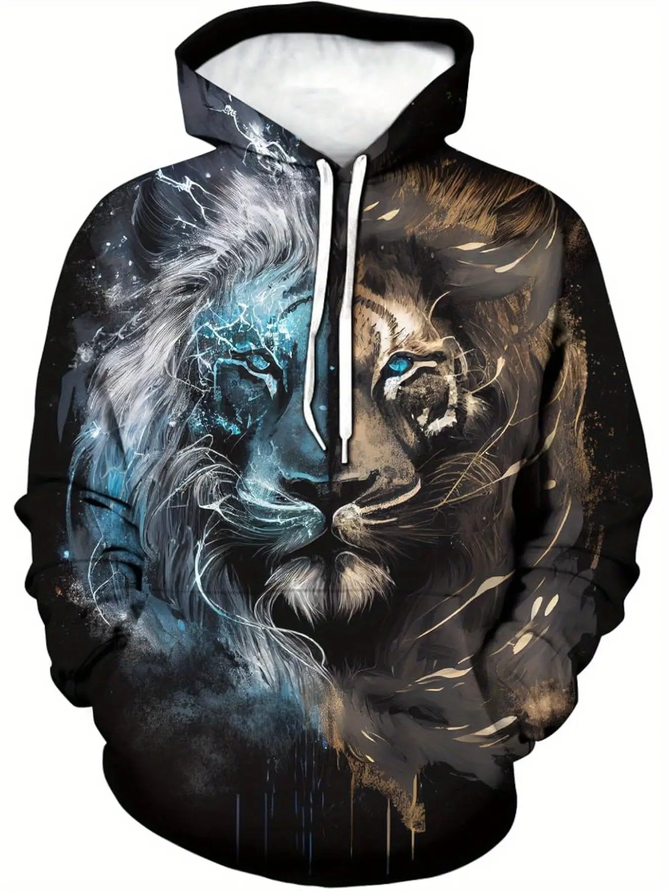 Men's Street Style Streetwear Hooded Sweatshirt, Lion Head Print, Long Sleeve, Casual Fall & Winter Wear, Artistic Design, Perfect for Daily