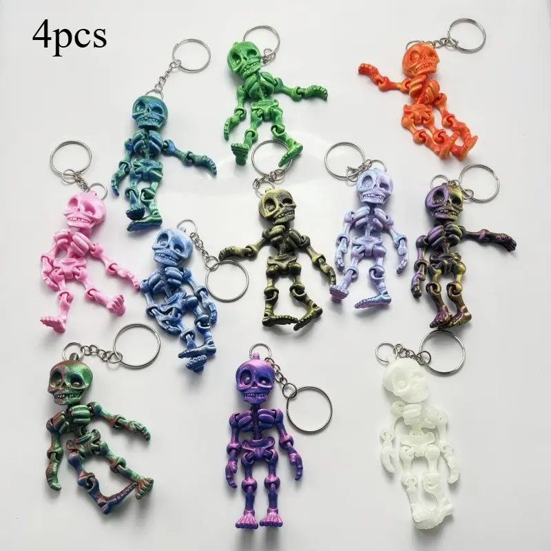 4pcs 3D Printed Articulated Skeleton Keychain Movable Joints Skull Man Toy Halloween Decoration Keyring Pendant