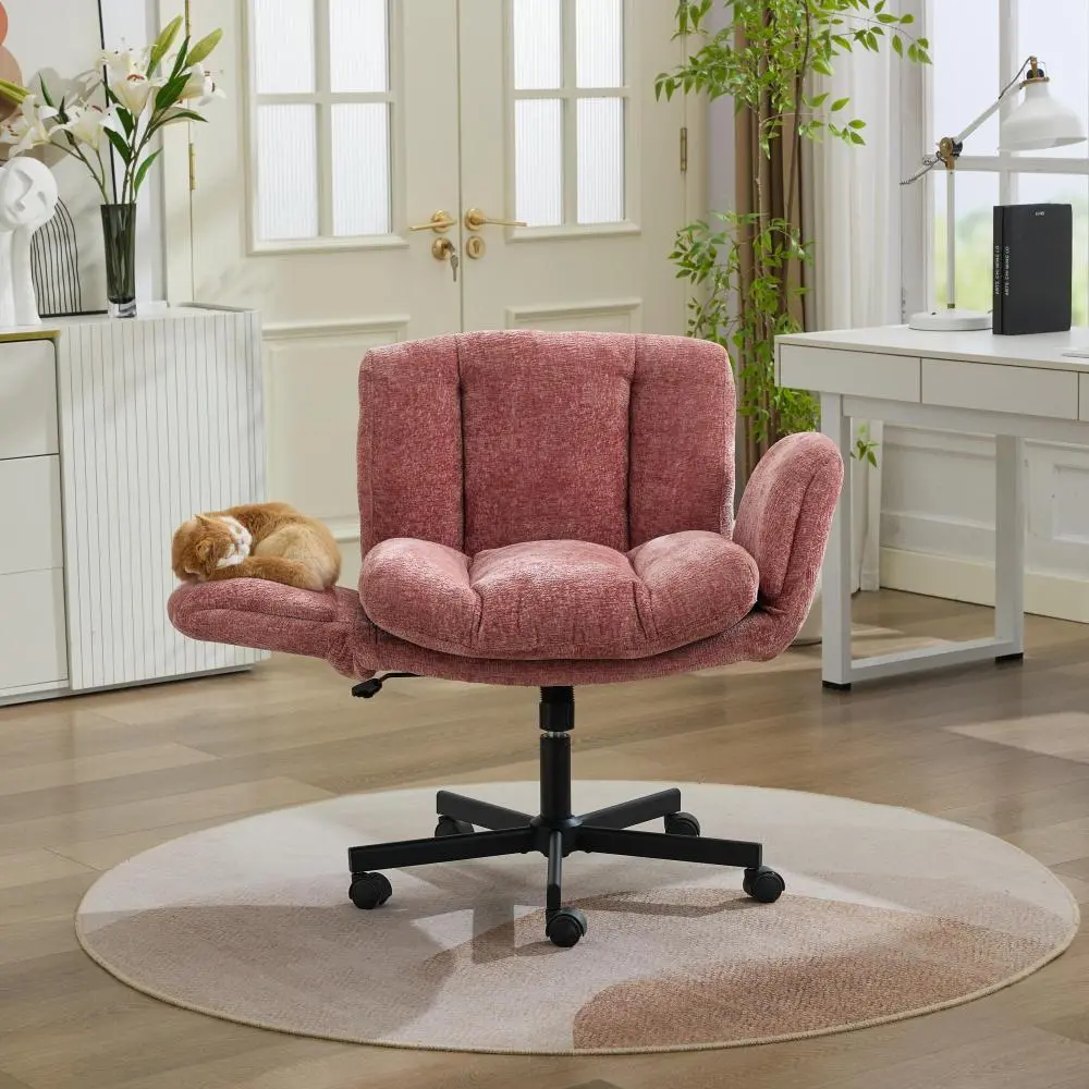 Modern Chenille Swivel Office Chair, Height Adjustable Desk Chair with Multi-Position Flip-Up Armrests, Comfy Double Cushion Upholstered Task Chair, 360° Rotating Vanity Chair for Home Office, Study Room, Bedroom, Living Room, Blush Pink