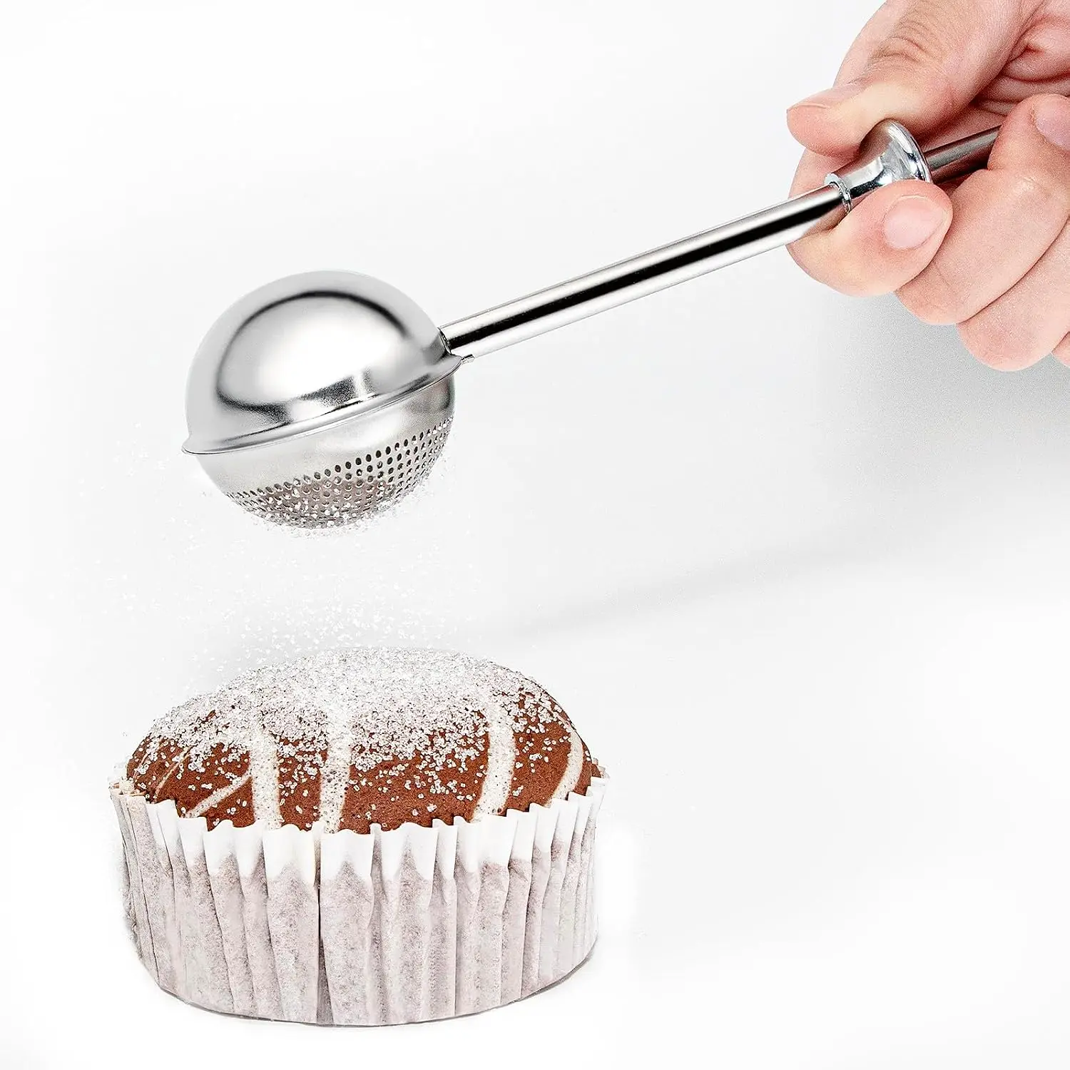 Sugar Shaker, Powdered Sugar Dispenser Duster | Fine Mesh Dusting, 18/8 Stainless Steel, Spring Operated Handle for Sugar and Baking Spices