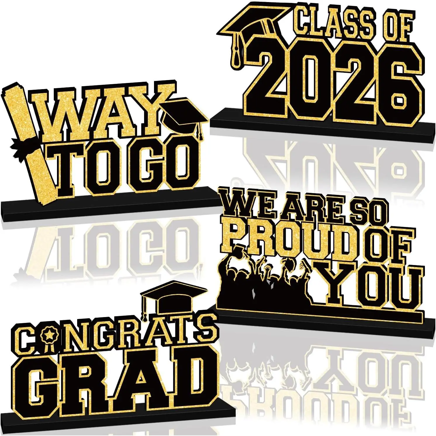 Class of 2026 Graduation Centerpieces, 4-Piece Black and Gold Wooden Table Decor, Congrats Grad Party Supplies for Tiered Trays, Wood, 4Pcs, Gifts, Decoration