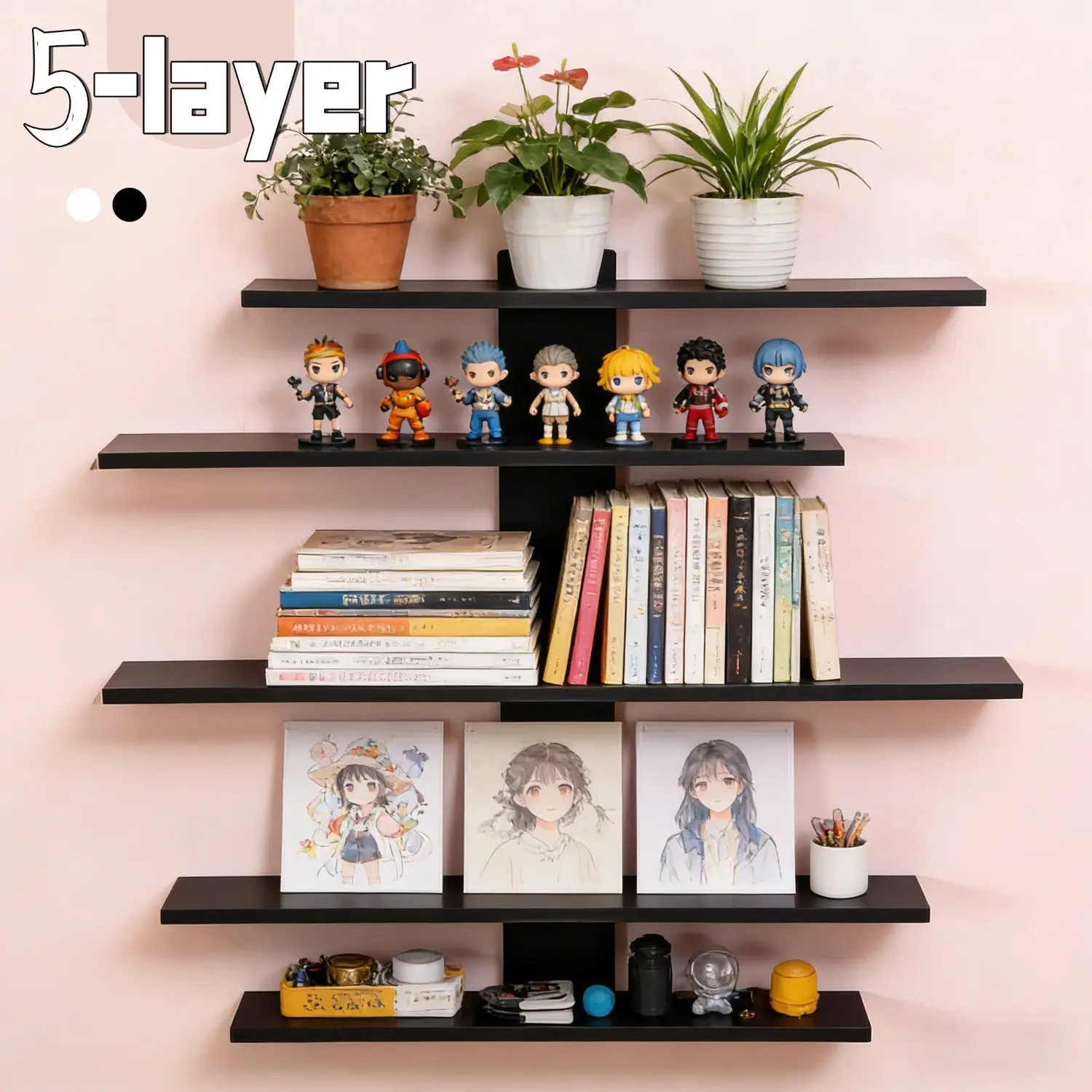 5-Layer Modern Adjustable Wall Shelves with Wood Suitable for Storage & Display, Adjustable Layers for Home Office Decor, Space-Saving Shelving Unit for Toys, Plants, Statues, Assembly, Christmas Gifts for Small Spaces (Fiberboard), Floating Shelves