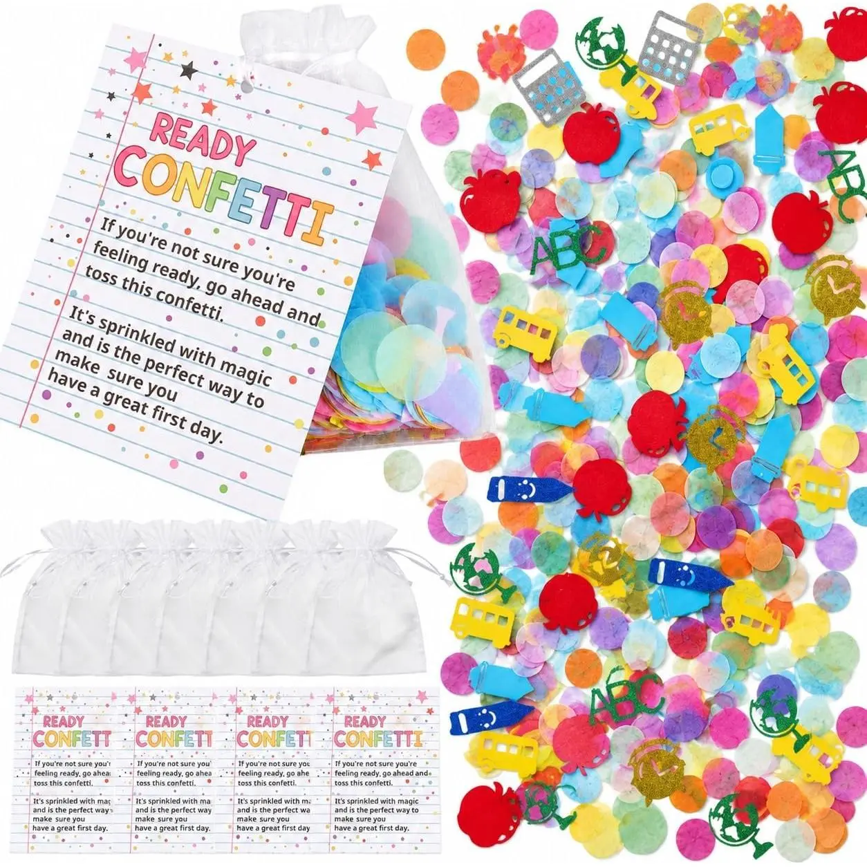 24 Set Back to School Resdy Confetti Kits with Cards Organza Bags First Day of School Confetti Anxiety Relief Favor Gifts for Teachers Favors