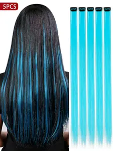 5pcs 20inch Sky Blue Clip-In Hair Extensions, Seamless Highlights, Straight Synthetic Hair, Easy to Wear, Perfect for Parties and Daily Use