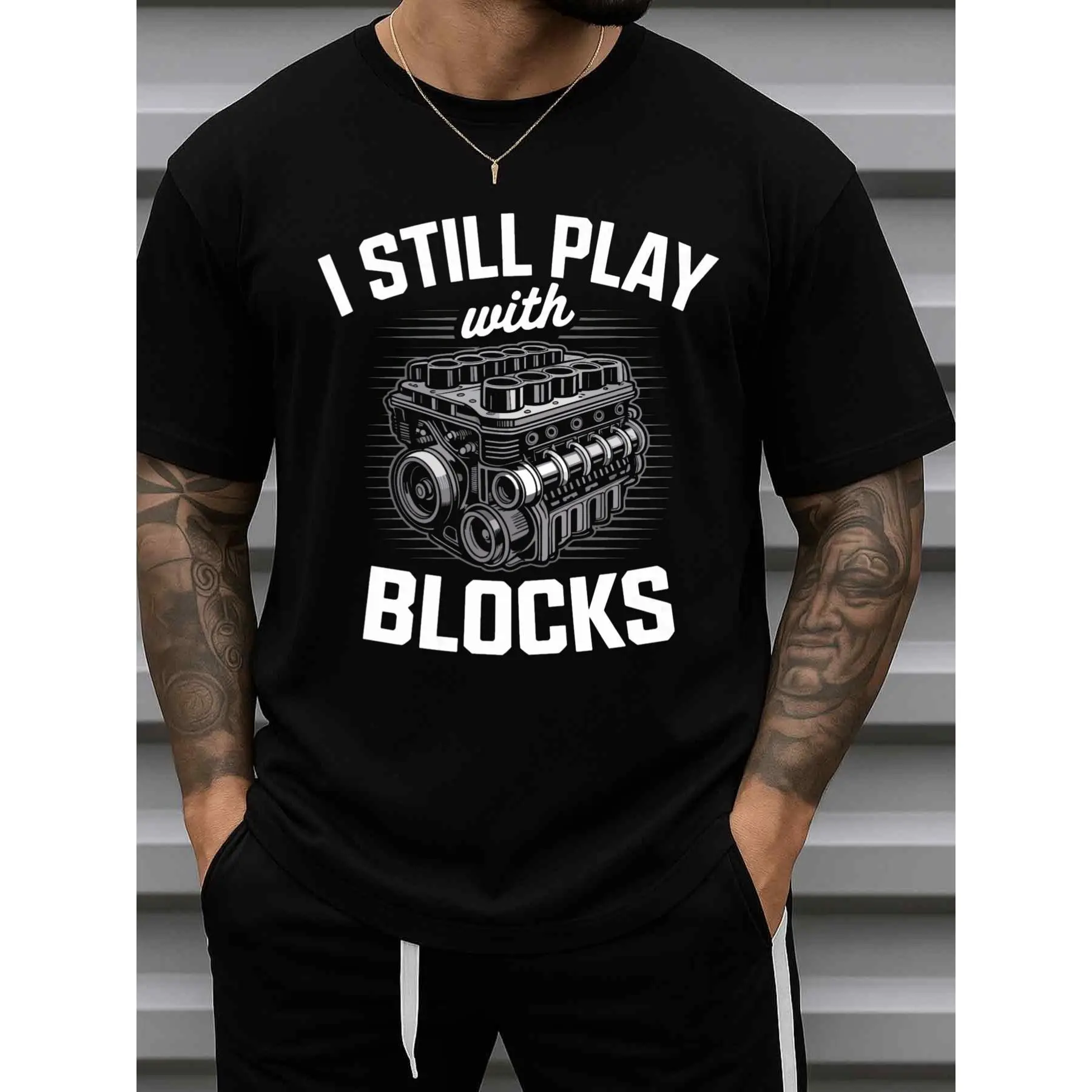 Men's Short-Sleeve Round Neck Streetwear T-Shirt - Engine Block Graphic, Funny Car Mechanic Casual Menswear Top, Tshirt
