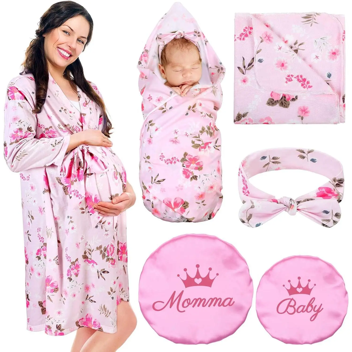 5 Pcs Mommy and Me Hospital Matching Set Maternity Robe Swaddle Blanket Baby Headband Hat for Mom and Baby(Gift)