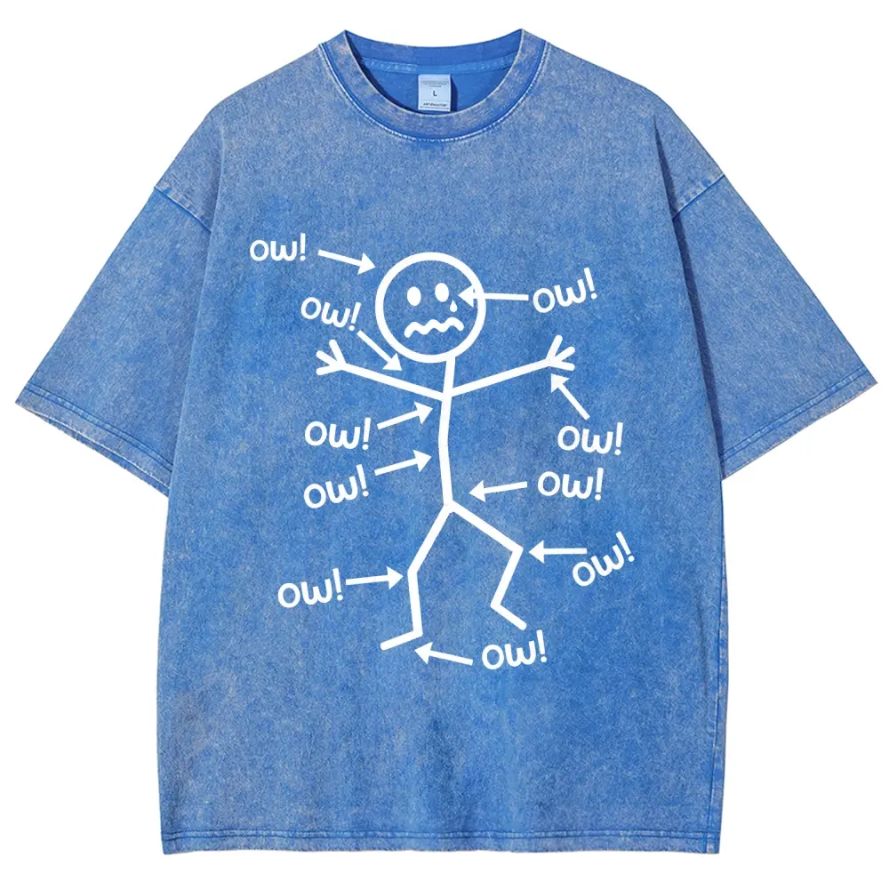 Unisex Ow! Simple stick figure aching all over from long hours at work Graphict Washed T-Shirt Personalized Pattern Y2k Clothing Round Neck Washed T-Shirt,Women's Clothing 100% Cotton, Menswear, Top, Vintage Style,Summer Casual Oversized