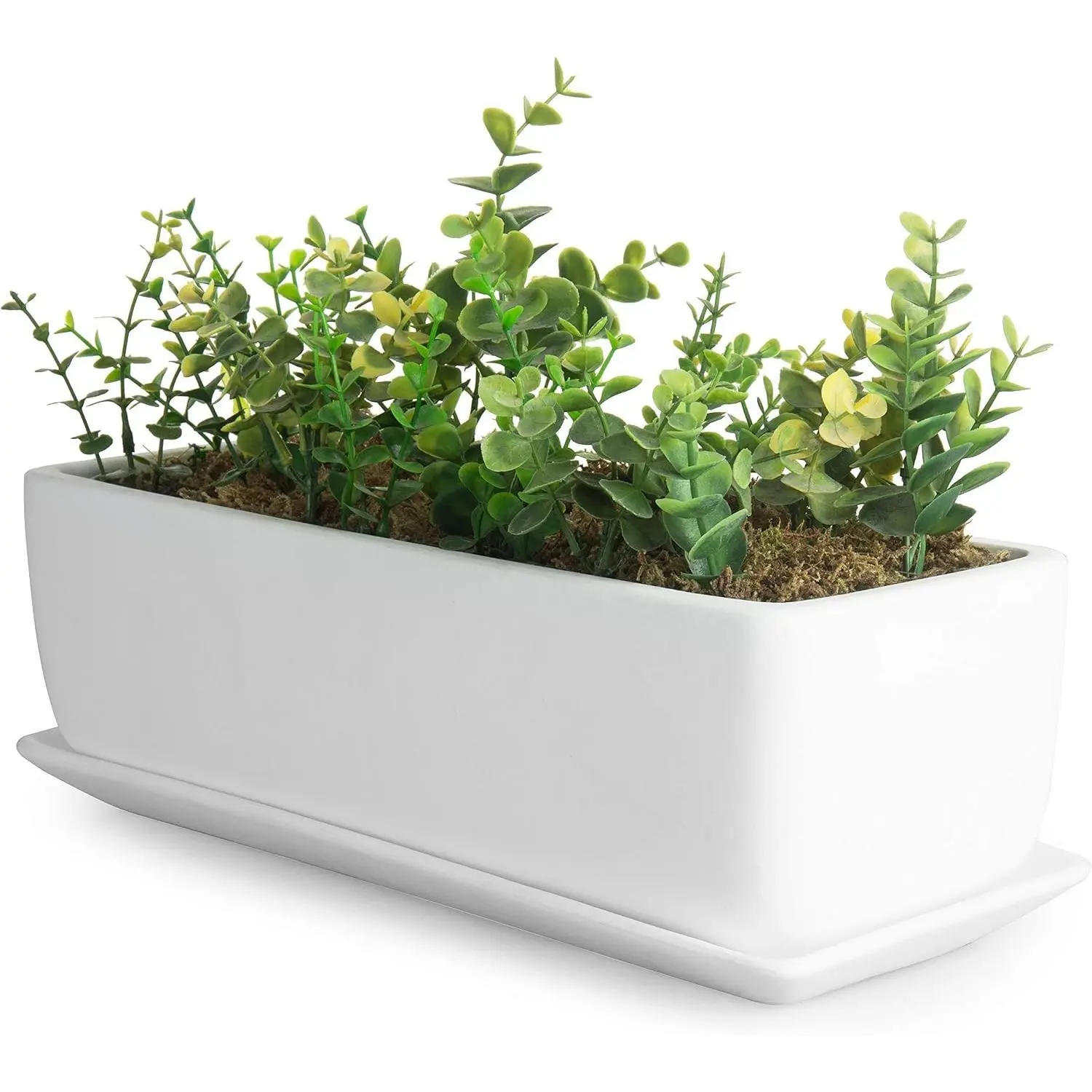 14 Inch Unglazed White Ceramic Indoor Plant Pot with Drainage Hole | Rectangular Succulent Planter Window Box with Removable Saucer, Modern home décor houseplant flower holder minimalist garden