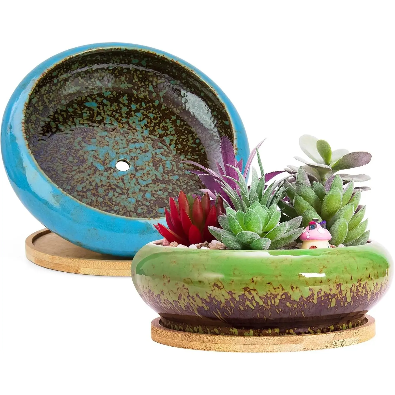Succulent Pots, 7.3 Inch Succulent Planters with Drainage Pack of 2 | Shallow Bonsai Pots with Tray Ceramic Pots for Indoor  Large Cactus Flower  Bowl