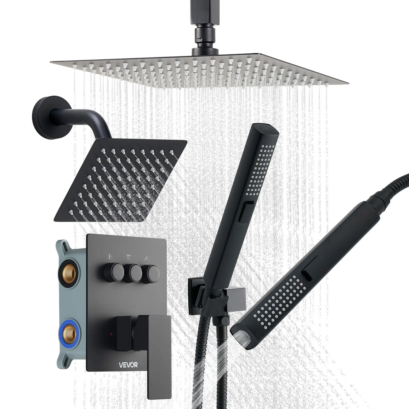 VEVOR Modern Copper Rain Shower System - 10-in Ceiling-Mount Rain Head, 6-in Wall-Mount Shower Head, Adjustable 2-in-1 Silicone Handheld Spray, Rotatable 3-Function Stainless Steel Brass Valve Trim Kit, Matte Black, No NPT 1/2" Connection