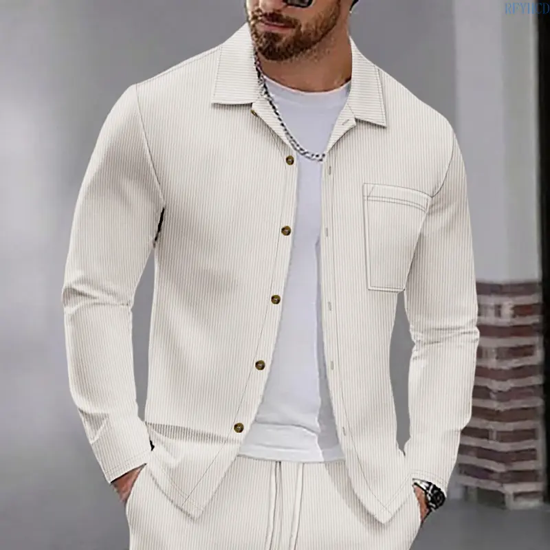 Men's Corduroy Button-Down Collared Shacket - Big & Tall Oversized Long-Sleeve Plain Workwear Utility Coat with Single Pocket, Slightly Elastic Normal Type Tops for Sports & Outdoor, Menswear, Non-Deformable