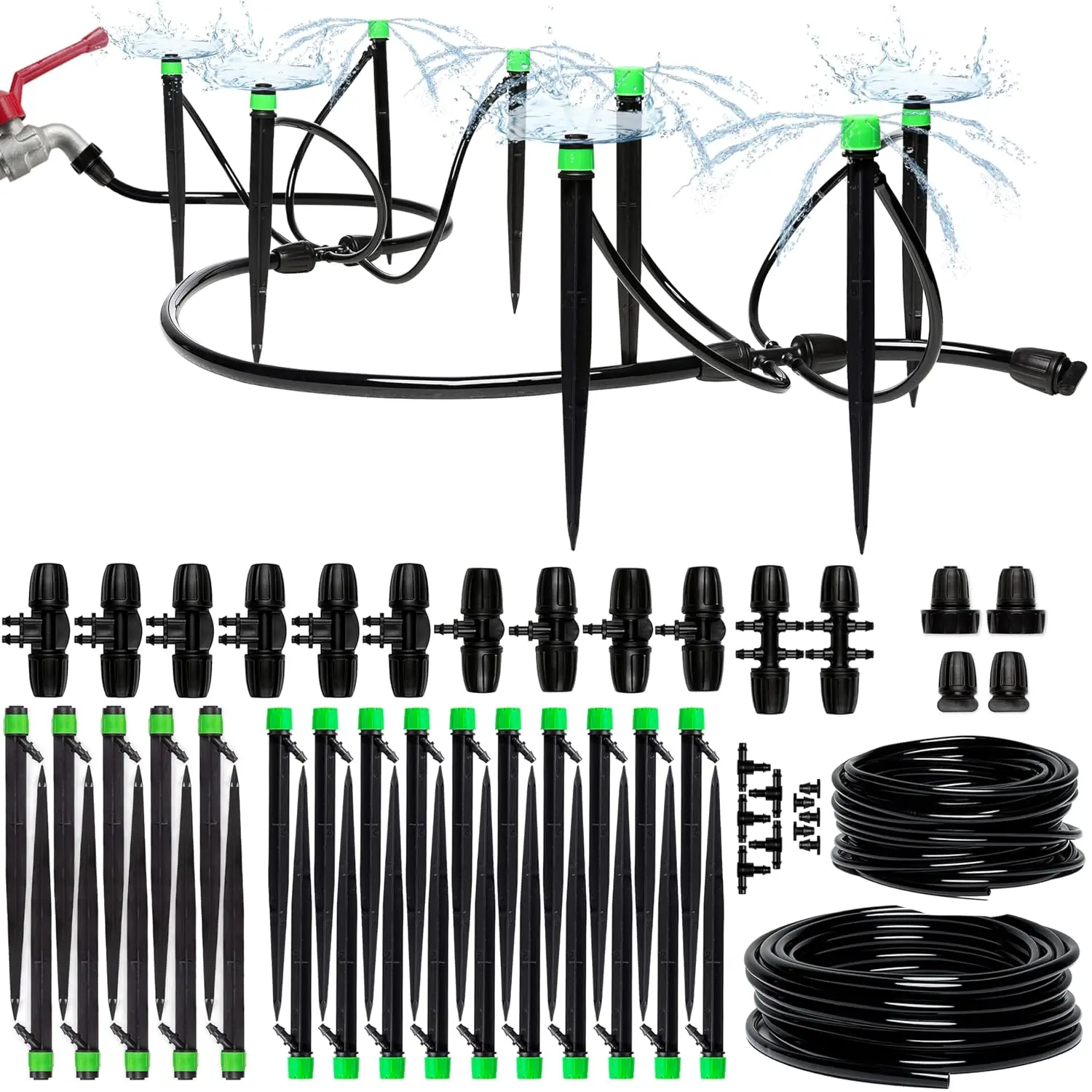 Drip Irrigation System Kit - Complete  Garden Watering System with Adjustable Sprinkler Emitters, 5/16" & 1/4" Tubing and Fittings - Drip Line for Raised Beds, Lawn, Pots, Greenhouse