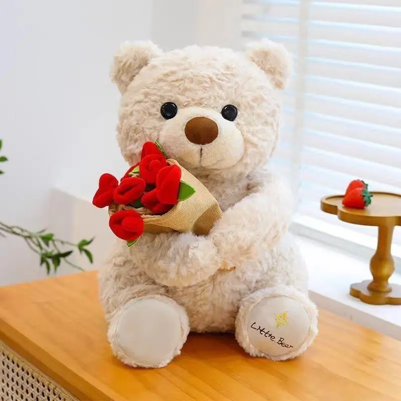 New Teddy Bear with Bouquet, Cute Teddy Bear Plush Toy with Rose, Stuffed Animal with Floral Arrangement, Stuffed Animal Gifts, Ideal Gift for Loved Ones