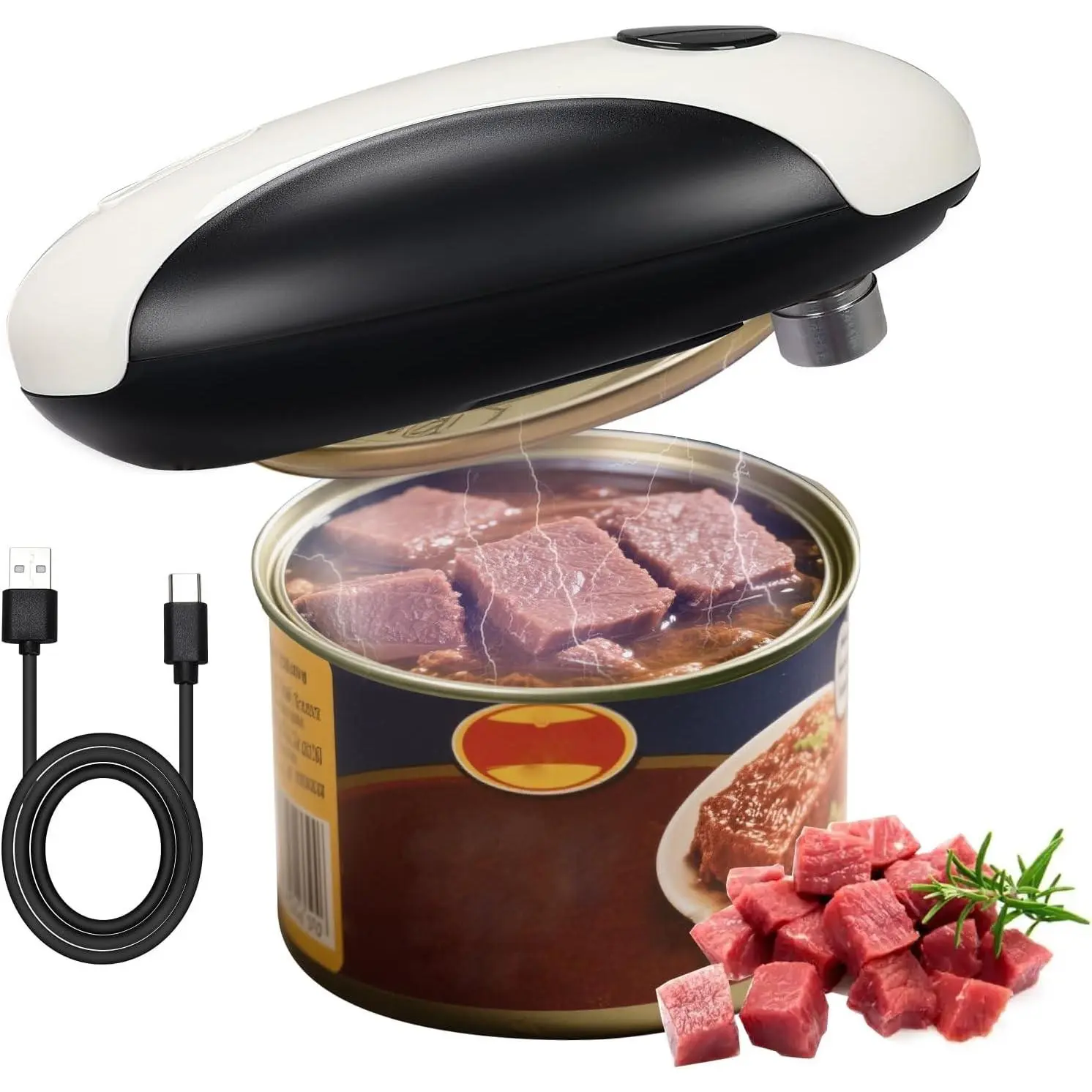 Rechargeable Electric Can Opener - Portable Automatic Open, Food Safe Smooth Edged, Fits All Cans, Ideal for Seniors with Arthritis, Black & White
