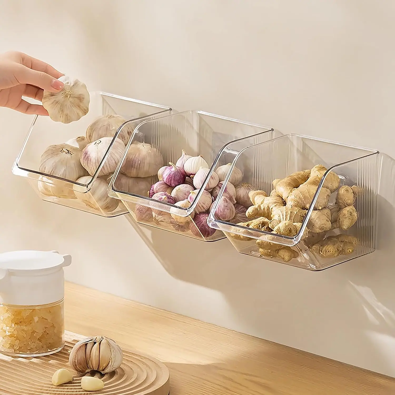 3-Pack Small Clear  Wall Mounted Storage Baskets, Adhesive Wall Mounted Storage Bins for Cabinet, Kitchen, Pantry, Bathroom