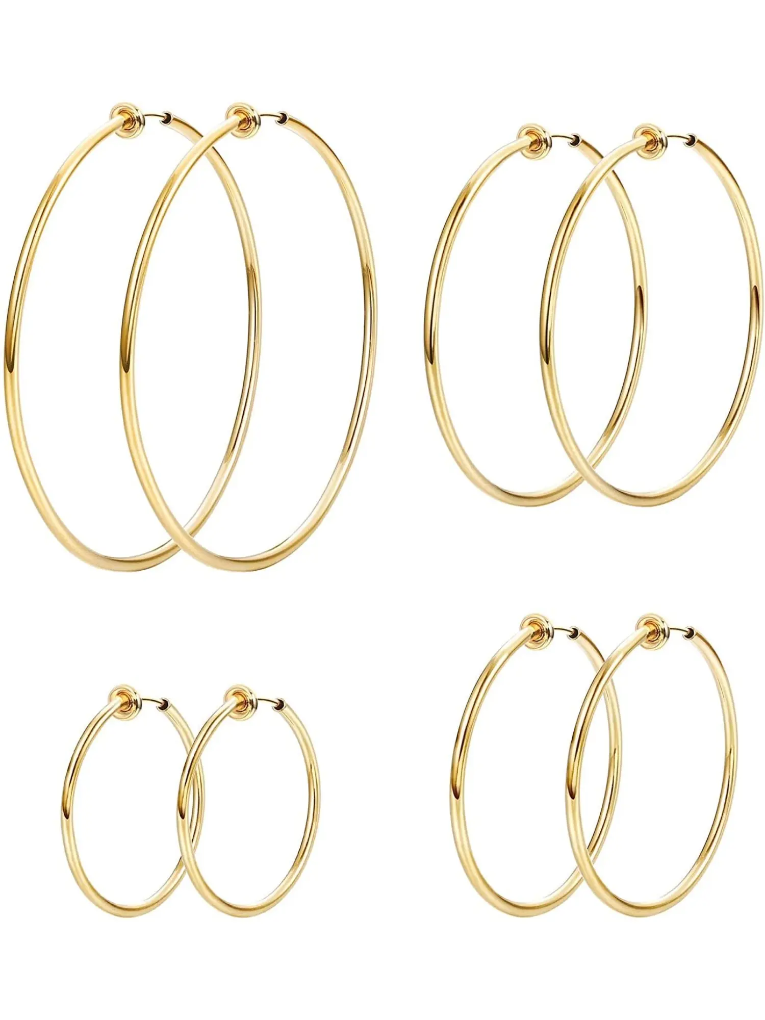 4 Pairs Women's Stainless Steel Clip‑On Hoop Earrings, Spring Fake Non‑Pierced Hoops, Silver Gold Black Rose Gold, Hypoallergenic Costume Jewelry Gift