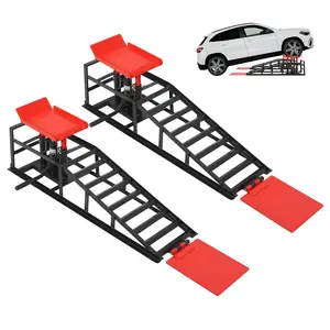 A pair of hydraulic vehicle ramps, 5-ton load capacity 12,000 lbs, heavy-duty steel vehicle ramps, height adjustable 9.45"-13.78", for oil changes and maintenance, low wide deck, suitable for cars, SUVs, trucks, and lawn mowers.