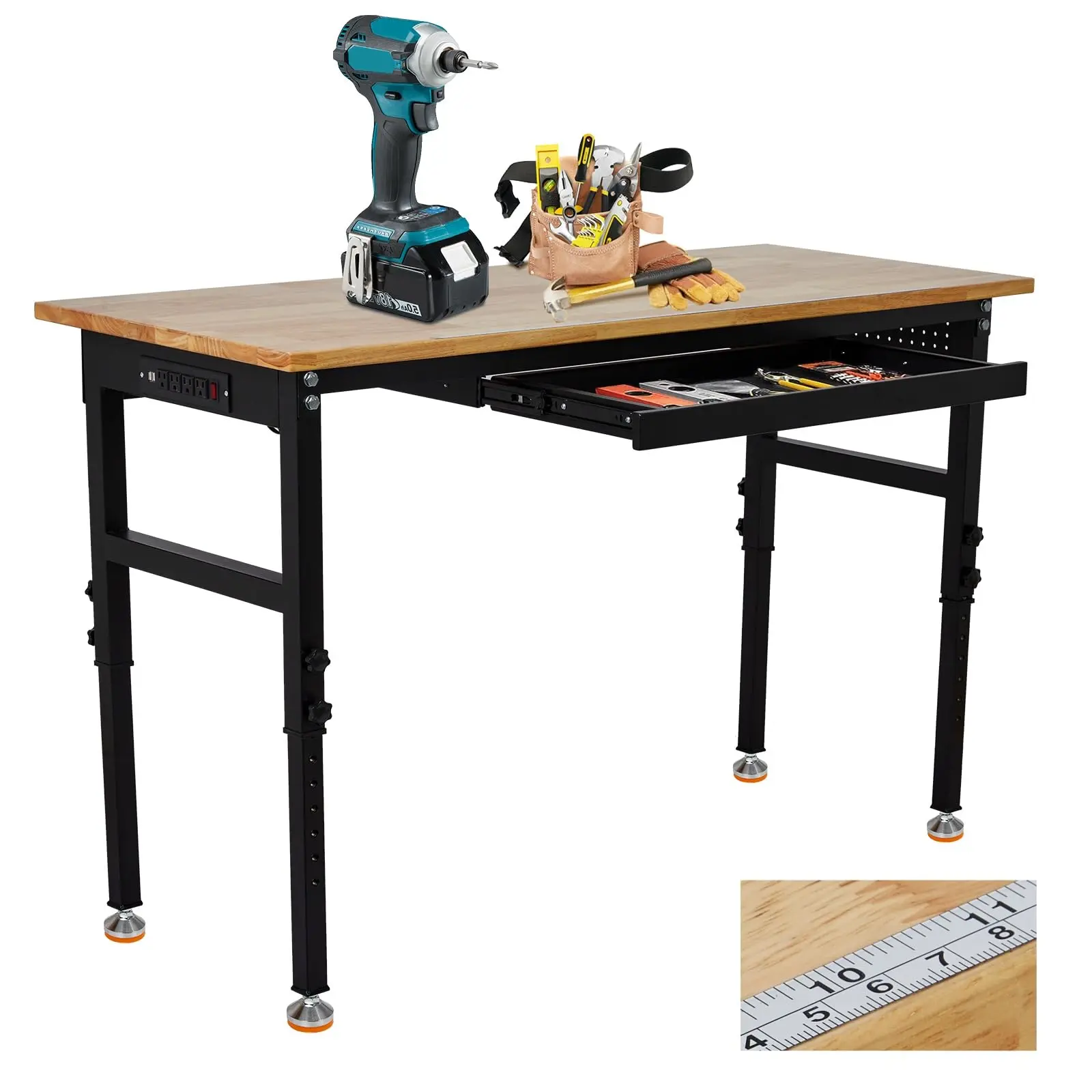 GARVEE Metal Frame Adjustable Workbench - 48in-70in Height, Power Outlets, Rulers, Pegboards, Hooks, 2000 Lbs Load Capacity, Work Support for Home, Garage Use
