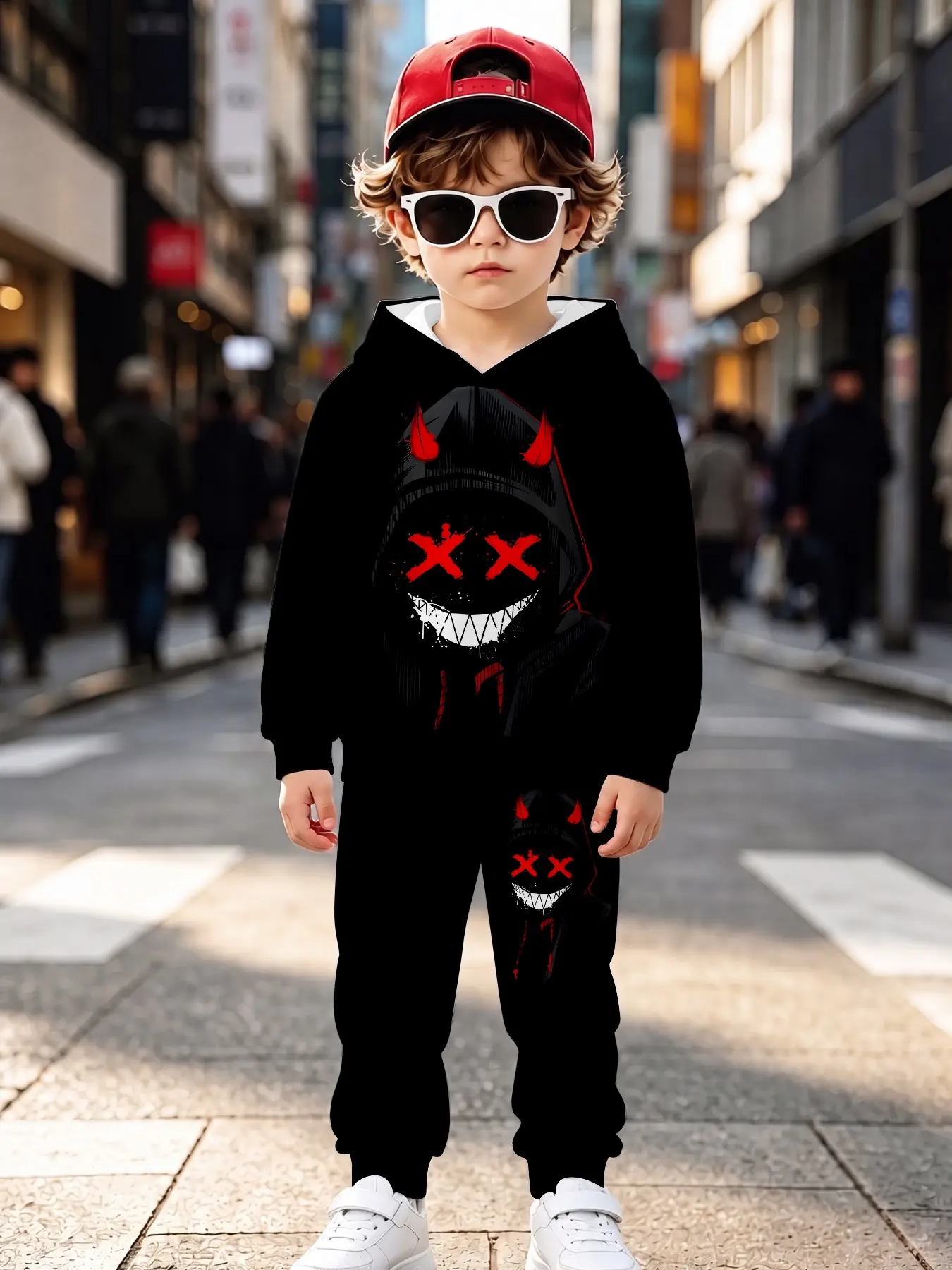 Dark Street Style Cool Boys' Two-Piece Set, Casual Long Sleeve Sweapants, Loose-Fitting All over Print, Fall & Winter Fashion