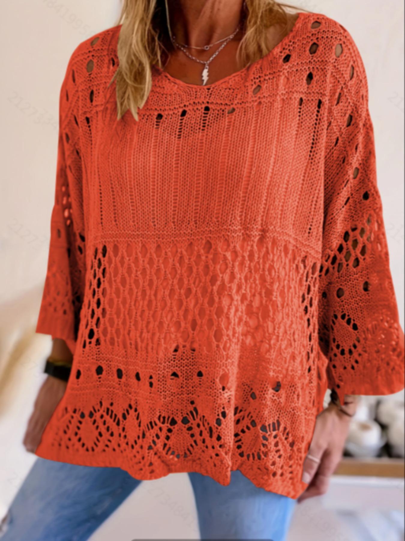 Women's Plus Size Fall Winter Hollow Out Round Neck Knit Top, Casual Elegant Vacation Style, Loose Batwing Shoulders, Long Sleeve Knitwear