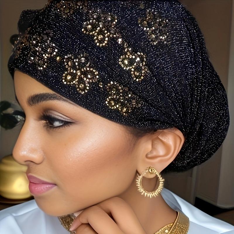 Elegant Women's Rhinestone Floral Turban - Stretchy, Soft & Breathable Head Wrap for Ramadan |   Red/Black