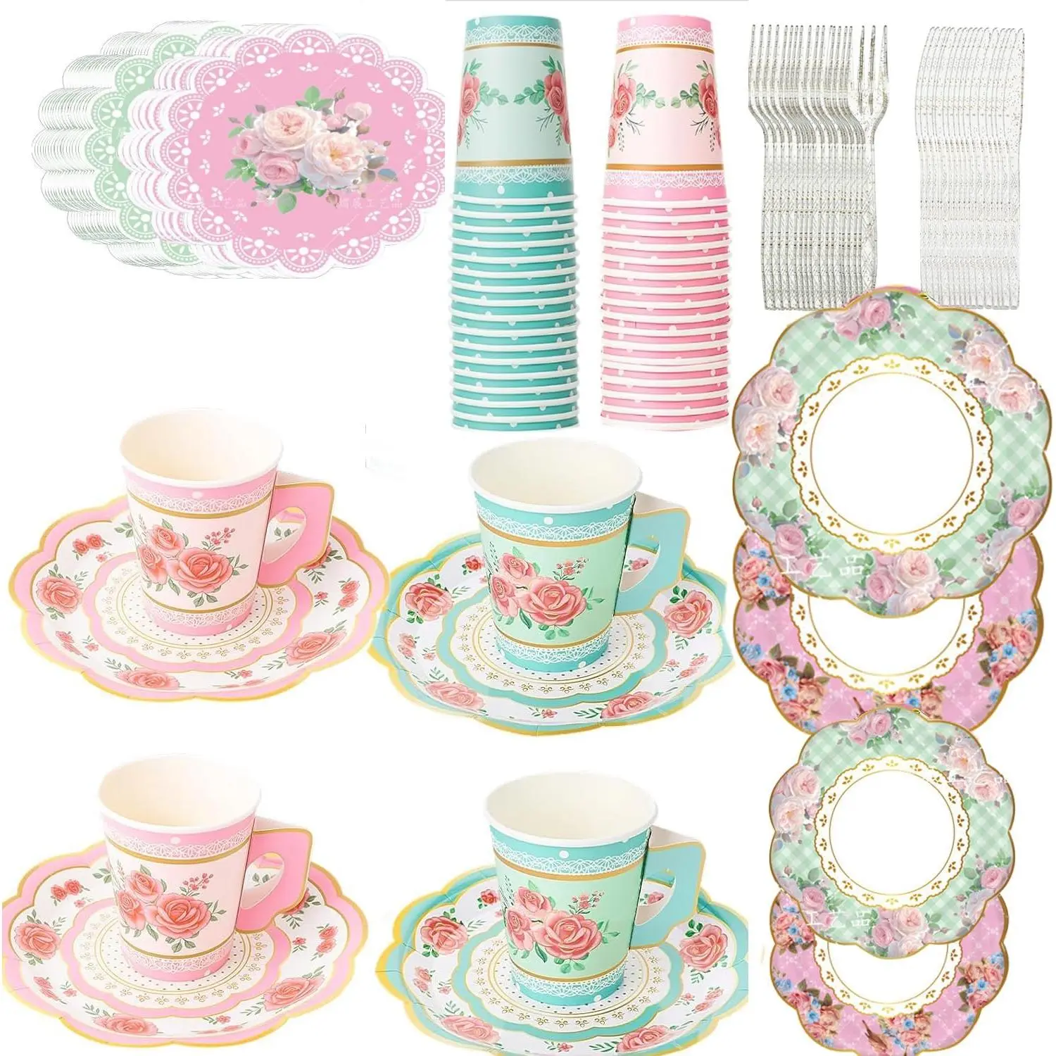 168-Count Floral Disposable Cups and Saucers Set with Handles, 6-Inch Plates, Napkins - Kitchenware Party Supplies for Themed Events Decorations, Parties