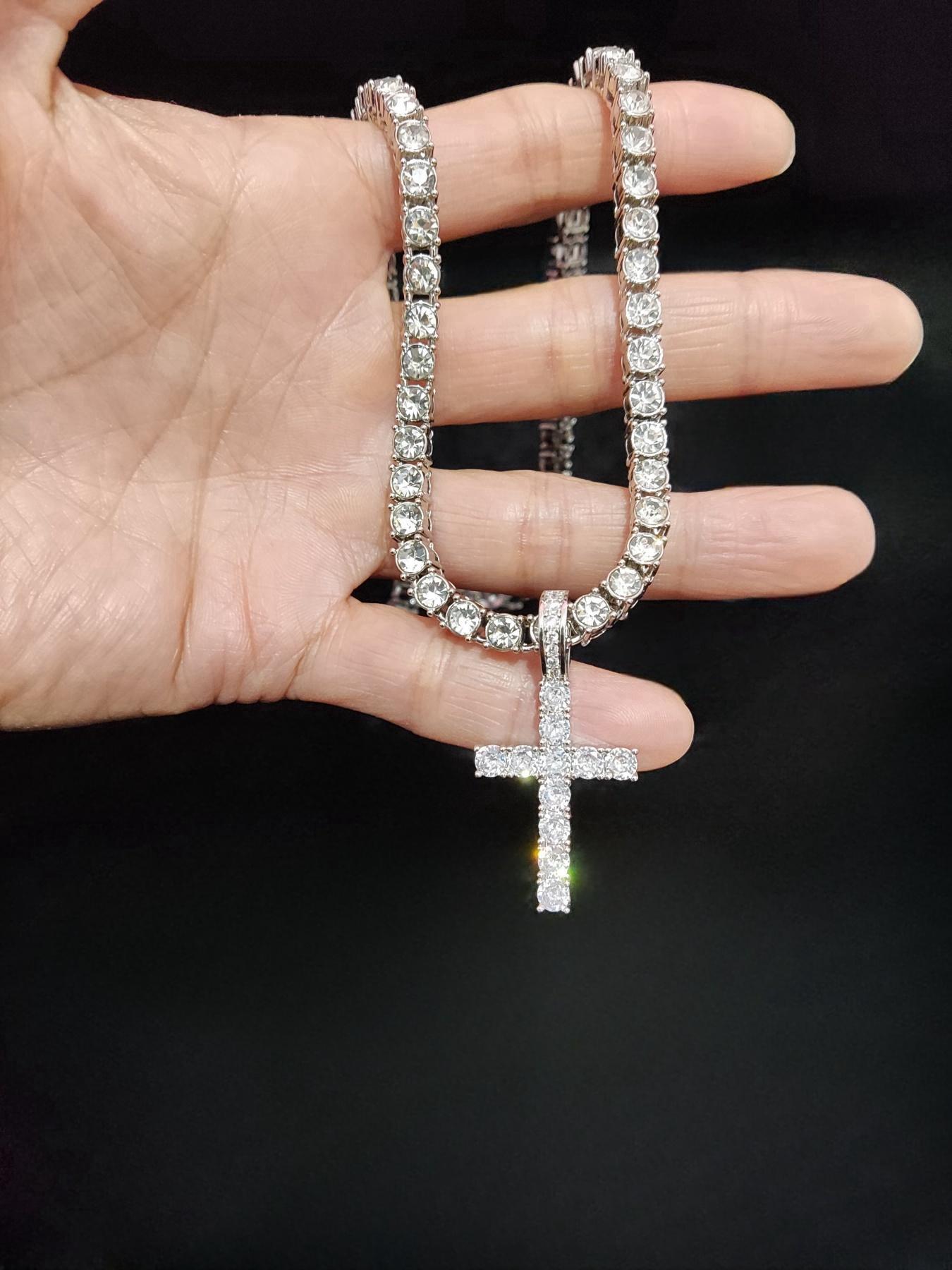 Artificial Zircon Cross Pendant 5mm Tennis Chain Necklace, Cuban Cross Necklace, Punk Style Necklace for Party, Daily Clothing Decor, Trendy All-match & Exquisite Jewelry for Birthday Gift