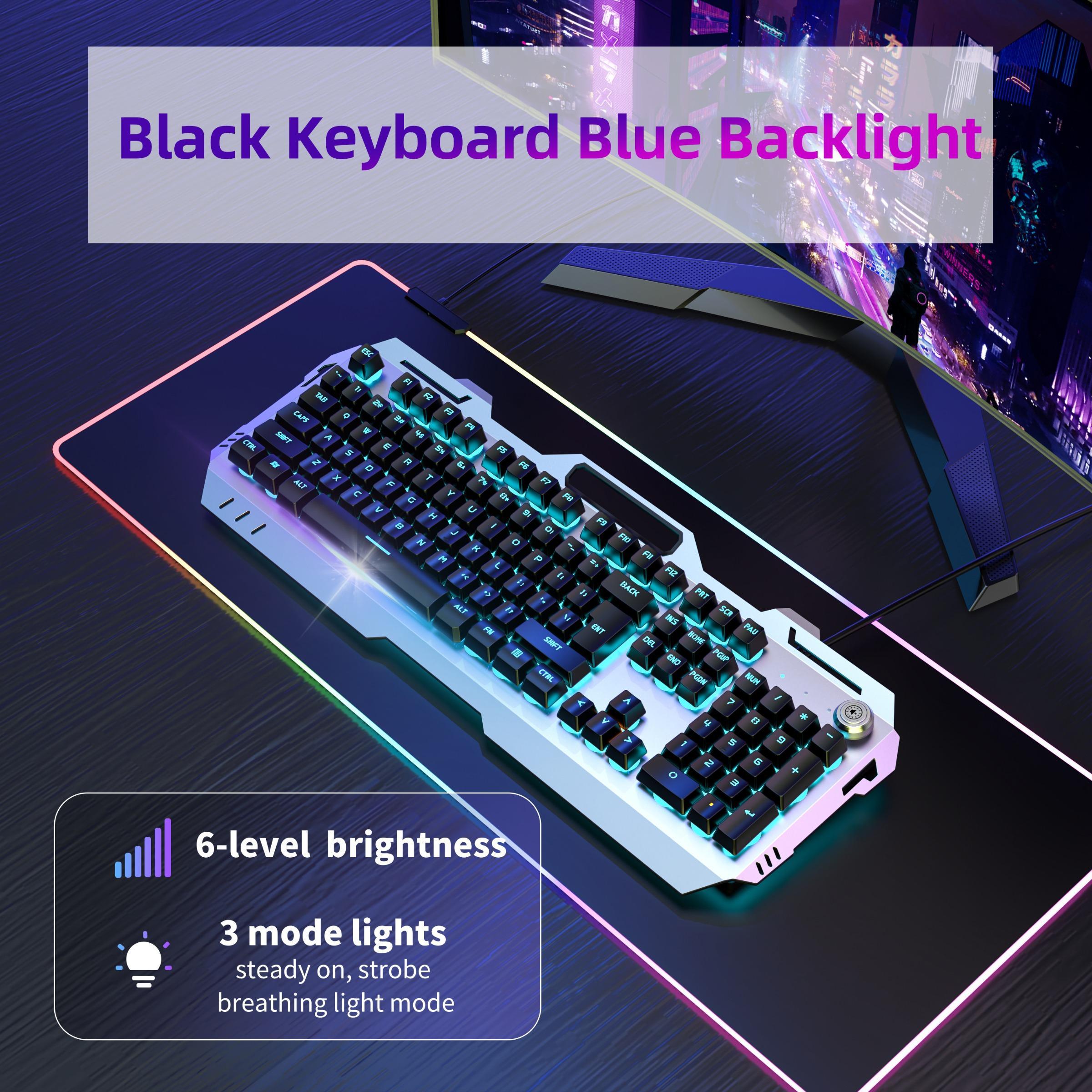 EWEADN Wired Gaming Keyboard, LED Backlit 104 Keys Full-size Silent Keyboard, Ergonomic Keyboards with Knob Switch for Desktop Computer and Notebook, Rainbow Keyboard