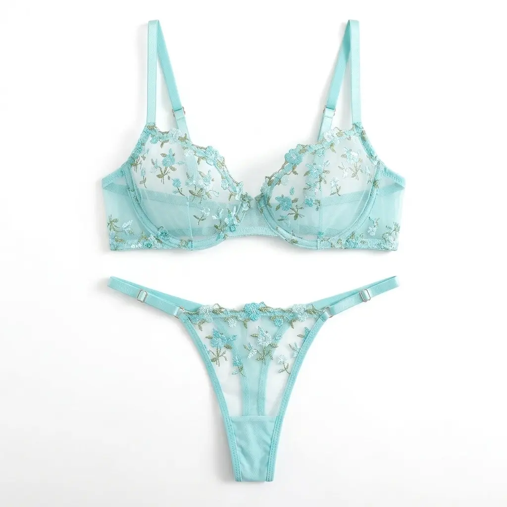 Pastel Mint Floral Embroidery Mesh Underwear Set Quiet Luxury Intimates Gift For Her Body Envy Sets Matching comfortable lingerie