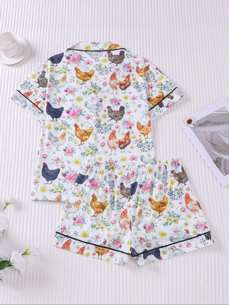 Women's All Over Chicken Print Crop Top & Elastic Waist Shorts Pyjama Two-piece Set, Casual Comfy Short Sleeve Top & Shorts PJ Set, Ladies Summer Sleepwear, Loungewear, Pajama Shorts Set