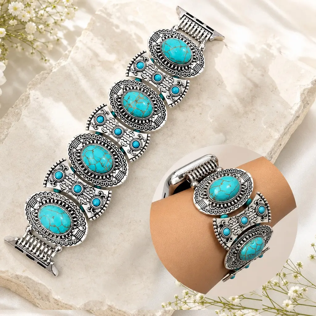 1 Pc Elegant Turquoise Metal Smartwatch Strap for Apple Watch, Compatible with 38-49mm Bands, Fits Ultra 3/2/1 Se Series, Fashionable Ladies Bracelet, Smartwatch Accessories