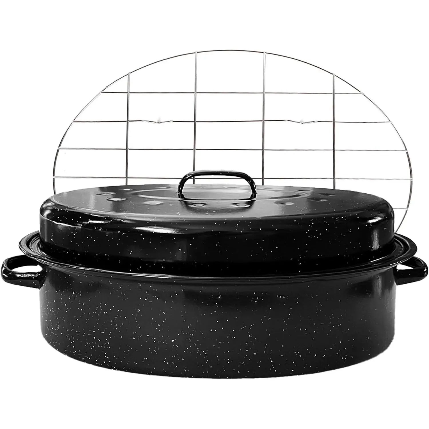 Large Roasting Pan with Lid and Rack 19" Granite Turkey Roaster Pan Set Enameled Steel, Suitable for Versatile Cooking Barbecuing, Dishwasher Safe Cookware Ideal Holiday Gifts