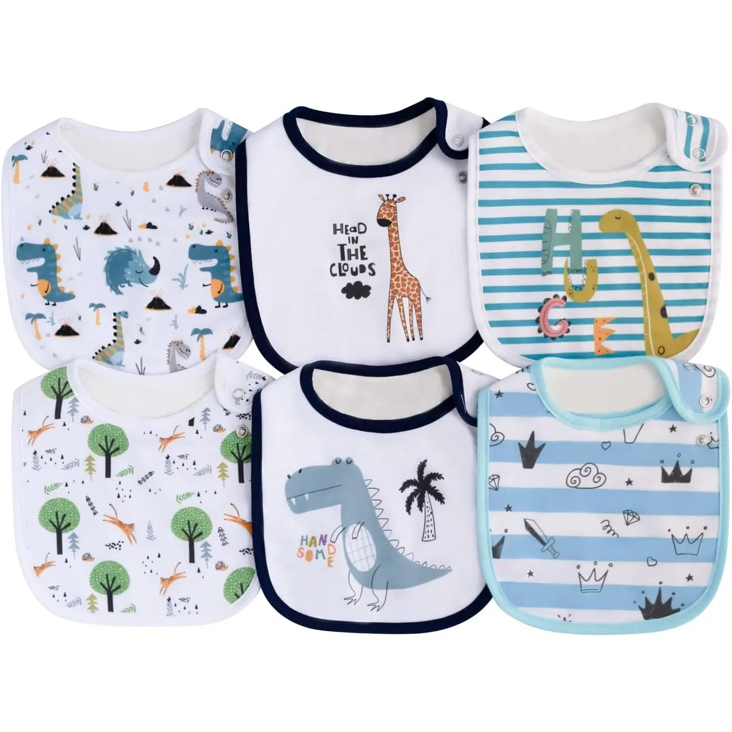 6-Pack Waterproof Cotton-Synthetic Kids' Bibs with Snaps, 1 Size Playful Bibs & Burp Cloths for Boys and Girls' Drooling, Eating Needs