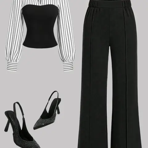 Women's Fall New Simple Style Bubble Sleeve Lapel Striped Colorblock Fitted Top Elastic Waist Loose Long Pants Set Clothing Sets