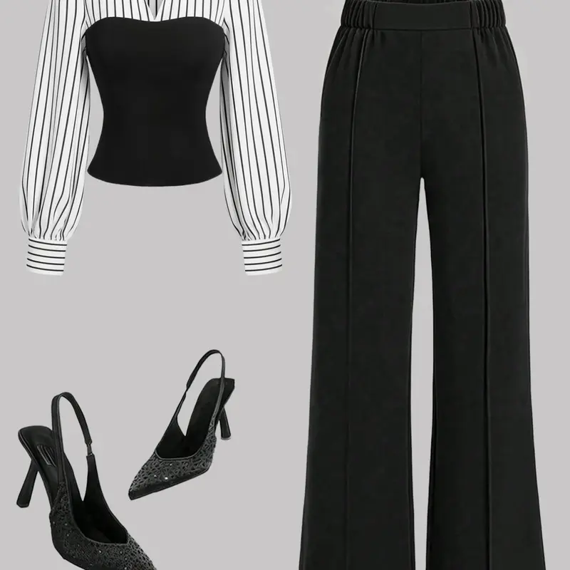 Women's Fall New Simple Style Bubble Sleeve Lapel Striped Colorblock Fitted Top Elastic Waist Loose Long Pants Set Clothing Sets