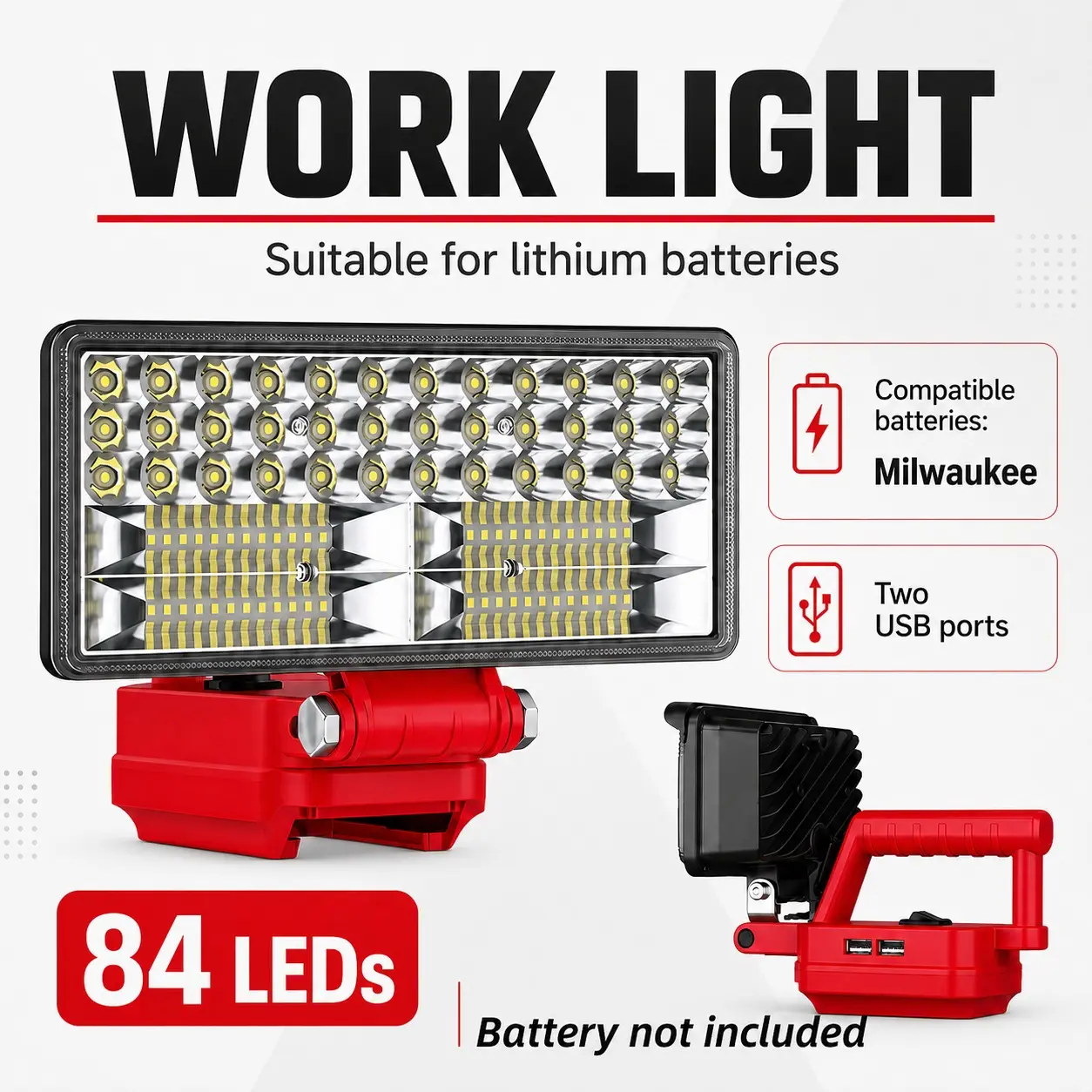 Wireless LED Work Light for Milwaukee 18v Battery, 20w 2000lm Wide Beam, Dual USB Charging Ports, Ideal for Emergency, Workshop, Garage