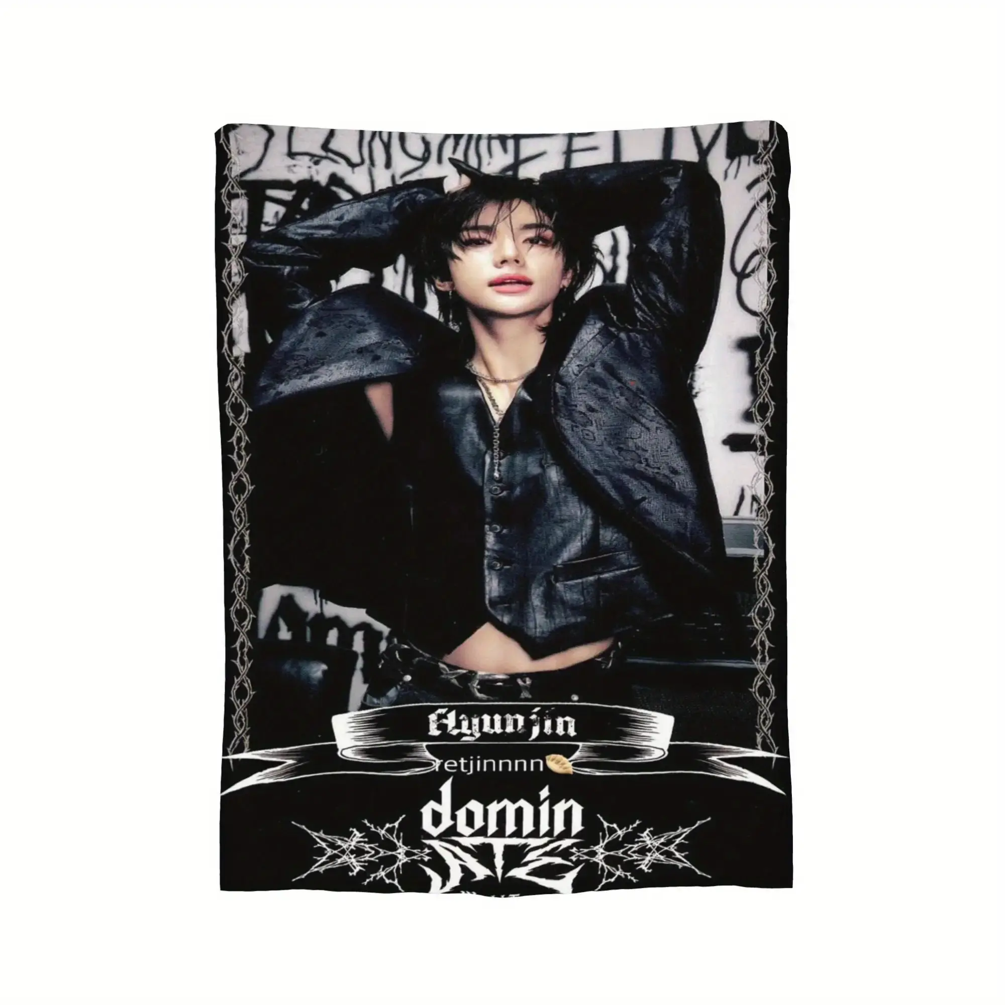 Black Background Hyunjin Gothic Print Blanket Lightweight Anti-pilling Plush Throw Blanket Kpop Fan Gift