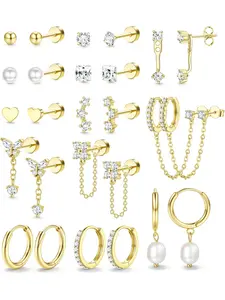 13 Pairs Stainless Steel Flat Back Earrings Set for Women Girls 14K Gold Plated Cartilage Earring Stacks Flatback Stud Hoop Earring for Multiple Piercing Jewelry  Hypoallergenic