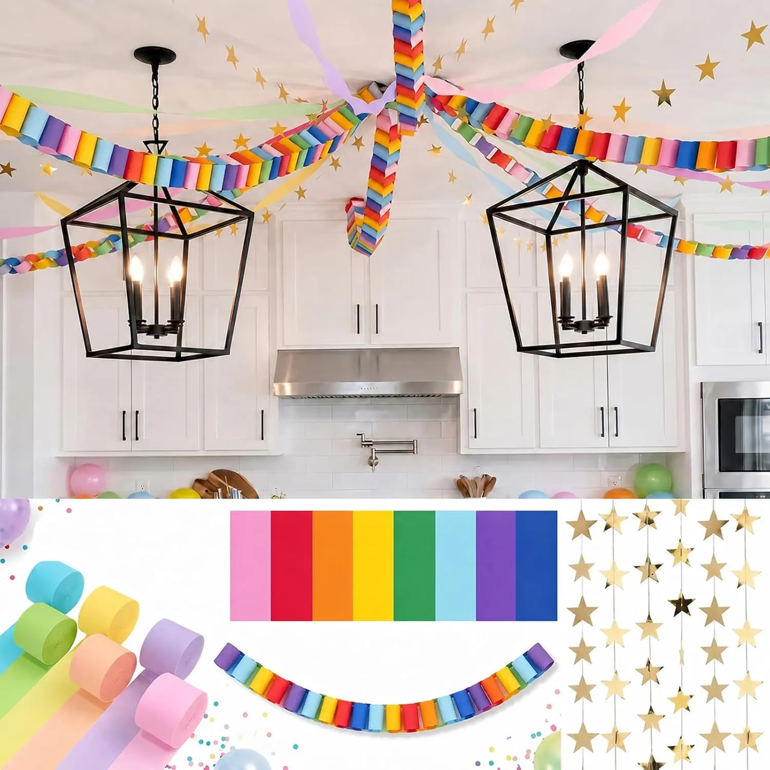 612 count Paper Chain Garland Kit, 600 Sheets Rainbow Paper Chain Strips with 6 Rolls Pastel Crepe Paper Streamers and 4 Mirror  Garlands for Birthday Wedding Party Decorations