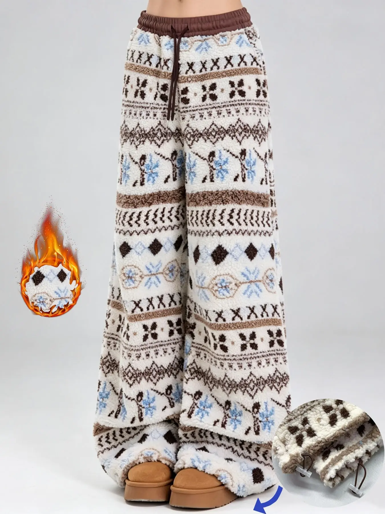 Women's Fall Winter Ethnic Fair Isle Snowflake Lamb Fleece Wide Leg Sleep Pants, Drawstring High Waist Thick Warm Long Pants, Vintage Commute Home Wear