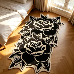 American Style Rose Asymmetric Rug, Soft Plush Boho Rug for Bedroom, Living Room, Hallway, Bathroom, Closet Decor