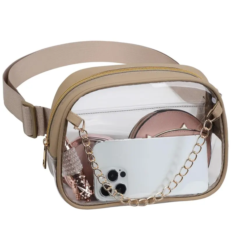 Unisex Transparent PVC Belt Bag - Stadium Approved, Adjustable Strap, Rust-Resistant Chain, Waterproof, Lightweight, Zipper Compartment, Standard Size, Thanksgiving Gift for Athletic Fitness & Concerts