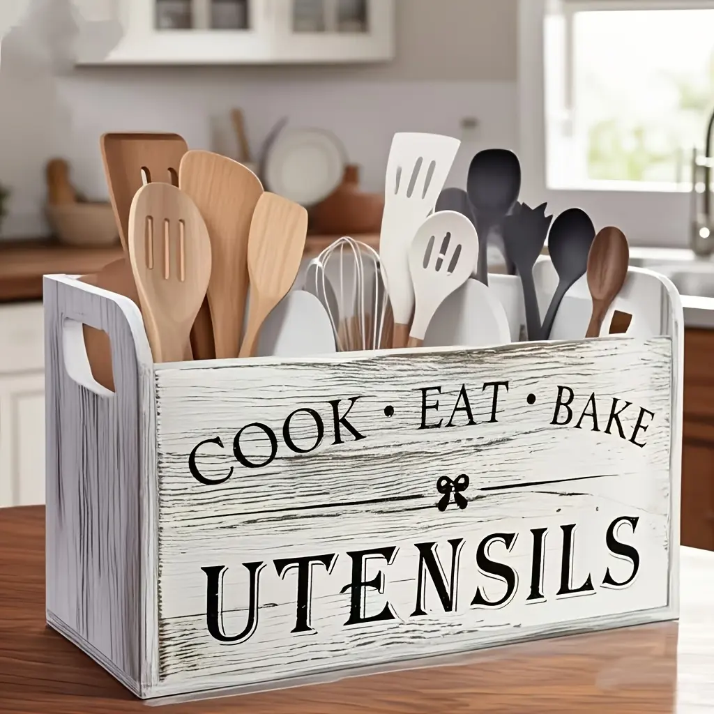 Natural Wood Extra Large Rustic 3-Compartment Utensil Organizer - Heavy-Duty Countertop & Wall-Mounted Storage Box for Cooking Tools, Multi-Functional Kitchen Rack