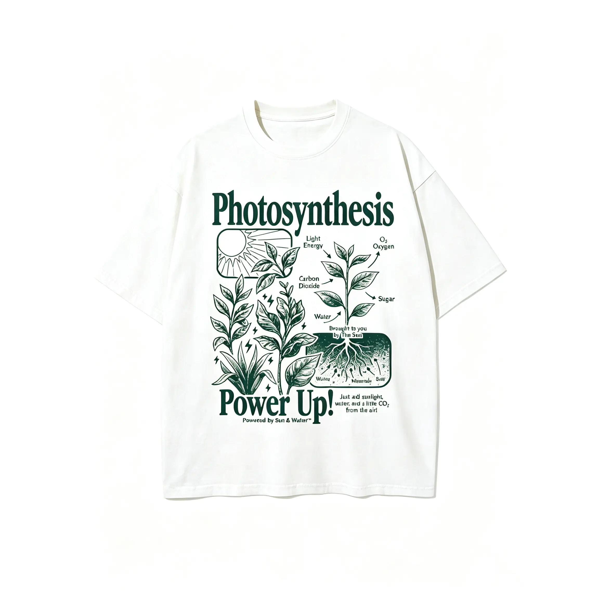 Retro Mineral "Photosynthesis Power Up" Graphic Tee - Funny Plant Mom Aesthetic Sun Powered Shirt - Unisex Drop Shoulder Cottagecore Top for Nature Lovers