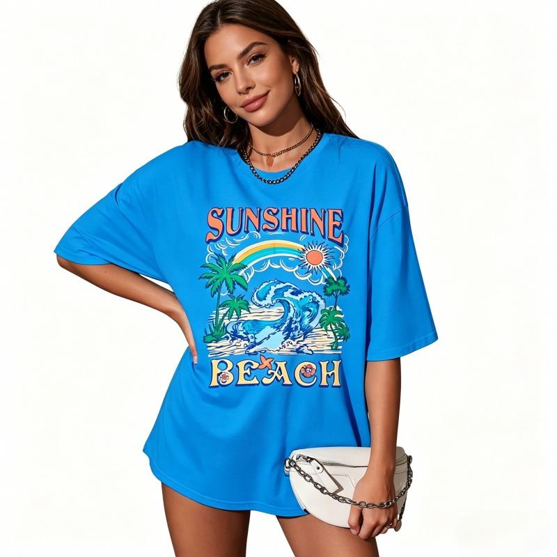 Oversized Hawaiian Shirts,Women Sunshine Beach Tshirt,Hawaii Tropical Tops,Beach Graphic Shirt,Summer Vacation Tee Top,100% Cotton, comfortable, Casual
