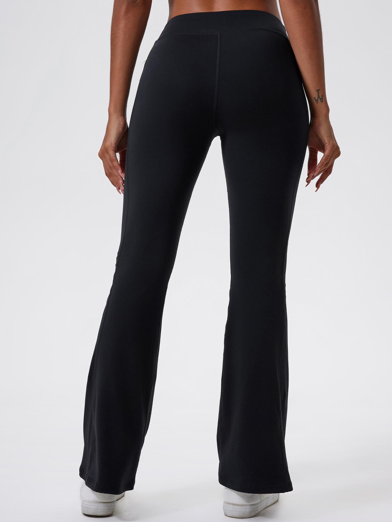 Women's Solid High Waist Flare Leg Sports Leggings, Sporty Overlap Waist Pocket Skinny Pants for Yoga Gym Workout Running, Ladies Sportswear for All Seasons, Flared Yoga Pants, Flared Yoga Bottoms, High Waisted Leggings