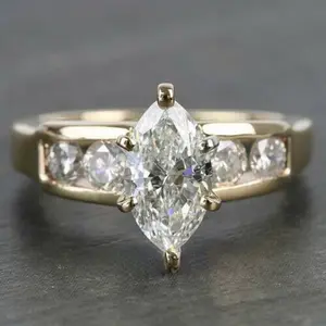 [NB] 18K Gold Plated Marquise Cut Cubic Zirconia Ring for Women, Delicate Channel Set Side Stones Statement Band, Hypoallergenic Tarnish Resistant Best Selling Fashion Jewelry, Ideal Daily Wear, Anniversary & Birthday Gift for Her